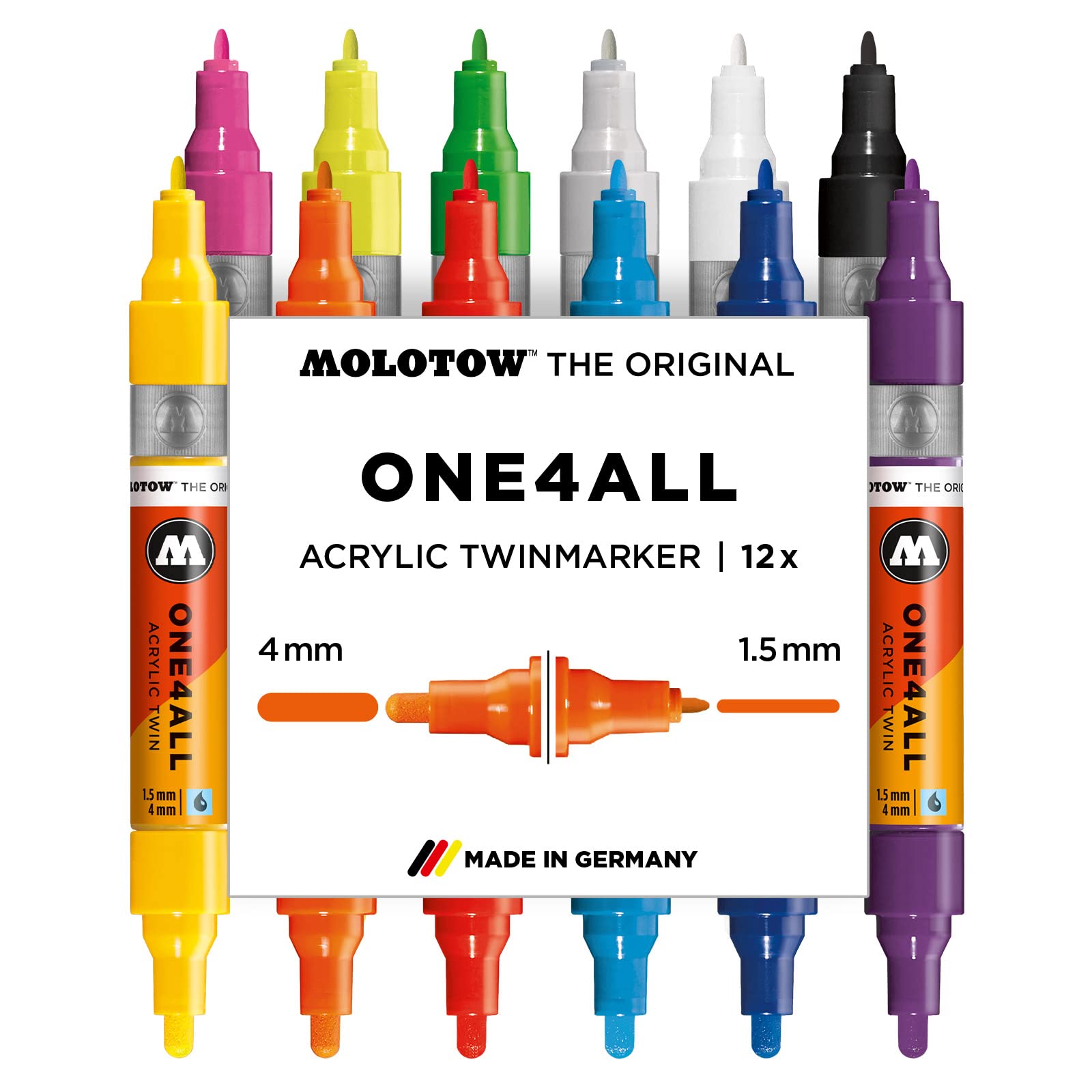 Molotow MO200480 Acrylic Marker One4All Twin, Pencil Box Main Kit 1, 1.5 mm/4 mm, 12 Markers