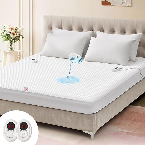 BWARM WATERPROOF HEATED MATTRESS PAD, ETL CERTIFIED BED WARMER WITH MEMORY FUNCTION 9 HEAT SETTINGS, 1-12 HOURS AUTO OFF DEEP POCKET, MACHINE WASHABLE, WHITE QUEEN