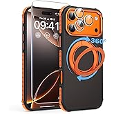 FEWGEY Magnetic Case for iPhone 17 Pro with Mag-Ring Holder Stand, [Screen Protector + Camera Lens Protector] [Military Grade Drop Protection] Translucent Matte Shockproof Phone Cover, Forest Orange