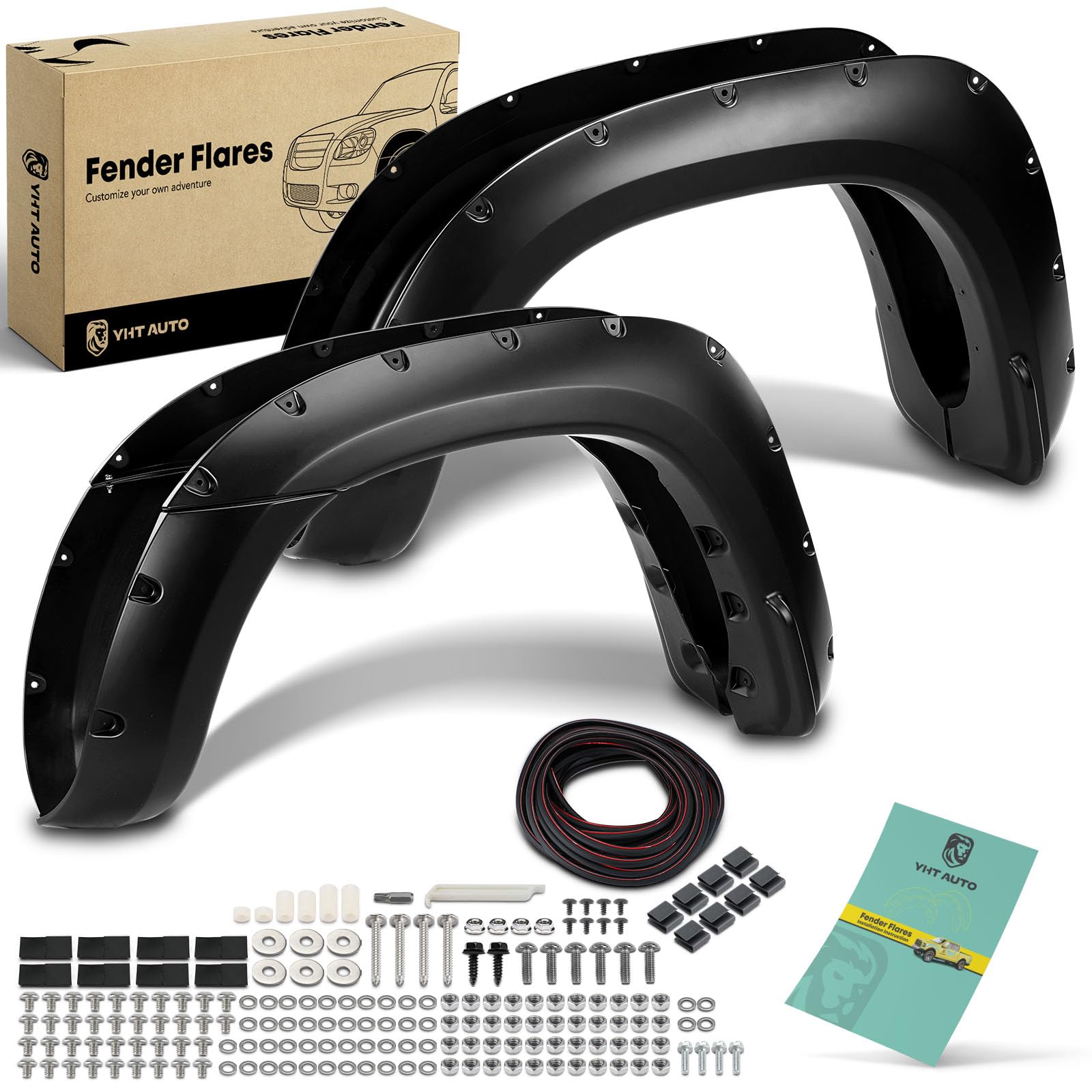 Photo 1 of YHTAUTO Pocket Bolt-Riveted Style Fender Flares w/Hardware Kit Replacement for Toyota Tacoma 2005-2011, 6.1Ft Long Bed, Shiny Black Wheel Flare Cover Protector, Set of 6, Front & Rear