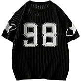 Verdusa Men's Jersey Shirt Crochet Sweater Short Sleeve Graphic Print Hollow Out Lightweight Pullover Knit Tops Print Black X-Large