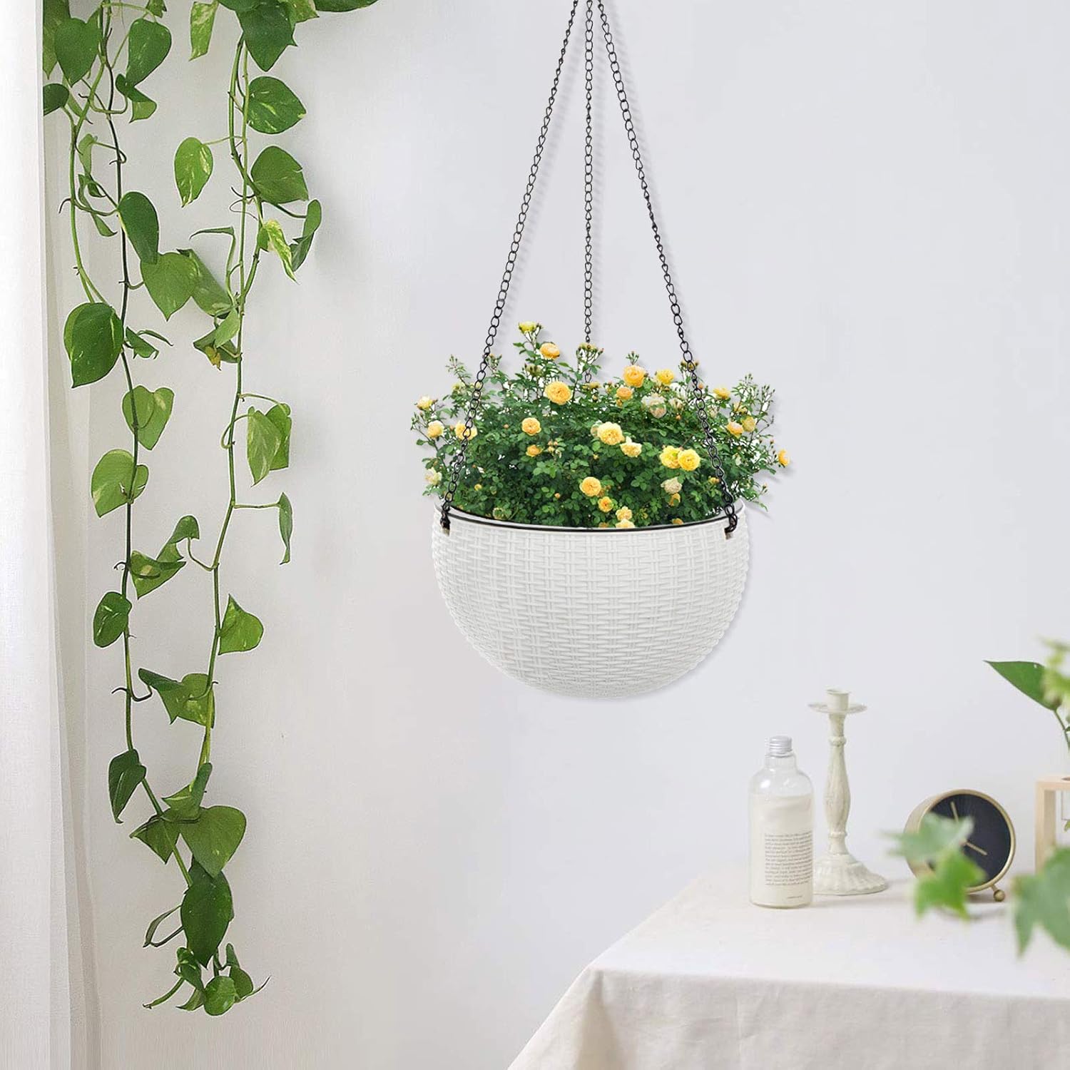 GROWNEER 2 Packs 10.2 and 8.8 Inches Hanging Basket Planters with 6 Pcs Hooks, Drainer and Chain, Plastic Self Watering Hanging Planter Hanging Pots for Indoor Outdoor Plants Flowers (White): Garden & Outdoor