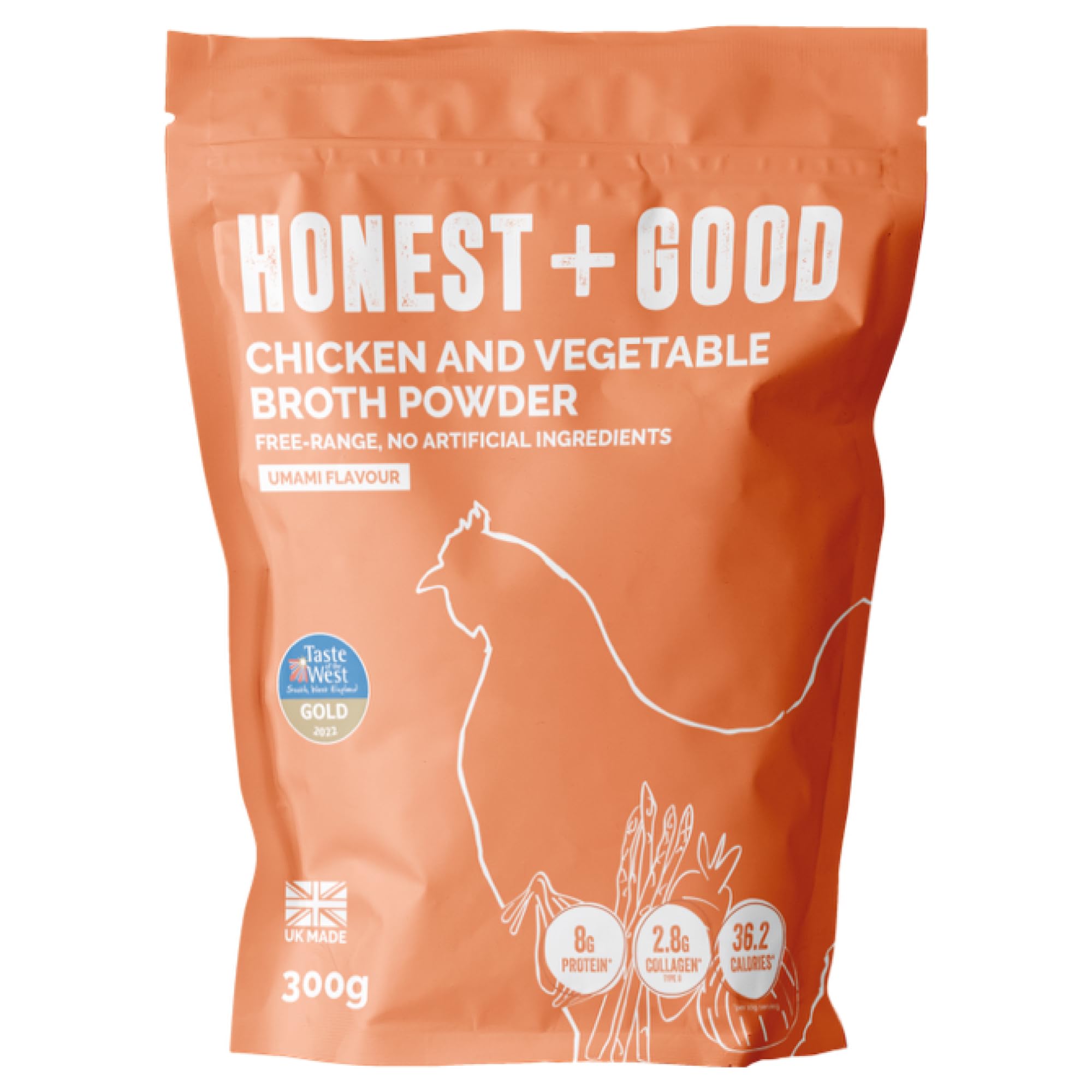 Honest + Good Chicken & Vegetable Bone Broth Powder - 300 g | 1 Month Supply | UK Made Gold Award Winner | Made With Free Range Chicken | Type II Collagen & Protein Promote Hair Skin Nail & Gut Health