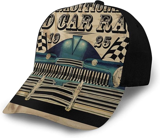 Washed Plain Baseball Cap, Traditional Old Car Race Theme