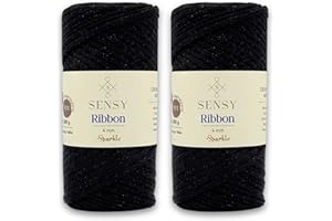 S SENSY 2 Skeins of Sensy Premium 4mm - 109 Yards 90% Polypropylene 10% Polyester Macrame Ribbon Sparkle, Crochet Bag Cord, Thread for Knitter (Black Sparkle)