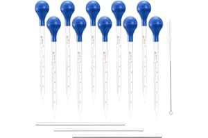 WUWEOT 10 PCS Thick Glass Droppers Pipettes, 10ml Graduated Lab Dropper Liquid Pipettes with 3 PCS Glass Stir Rod, 1PC Washing Brushes, Strong Suction Rubber Cap for Liquid Essential Oil