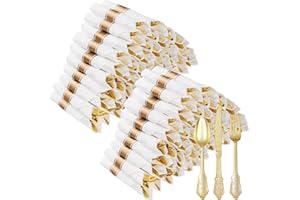 Bestluck 100 Pack Gold Plastic Silverware with Pre Rolled Napkins for 100 Guests, Heavyweight Gold Disposable Utensils Sets Includes 300 Plastic Cutlery, and 100 Napkins for Party & Wedding