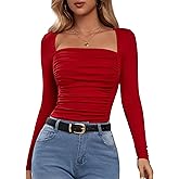 Florboom Women's Ruched Fitted Tops Square Neck Long Sleeve T-Shirts Going Out Tees