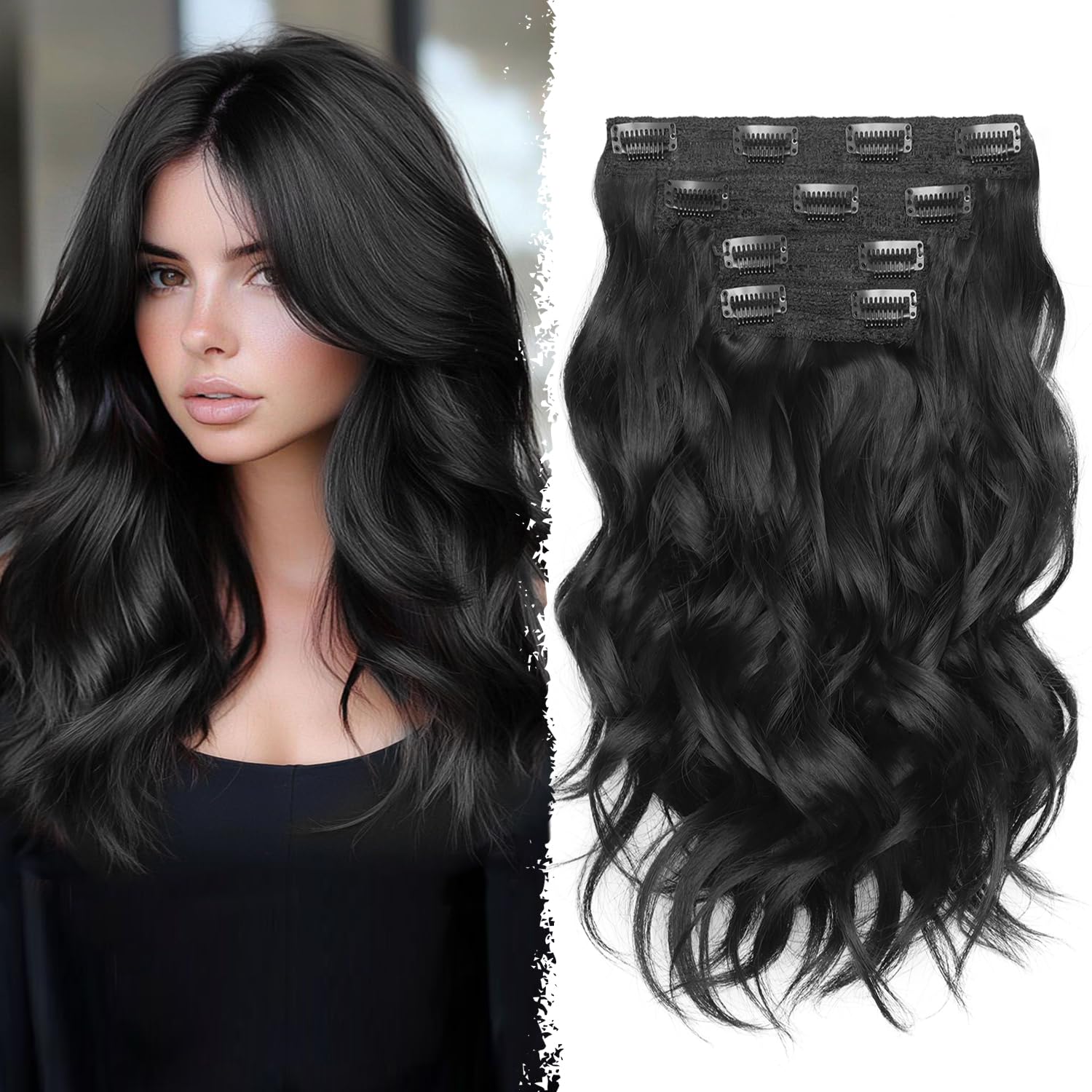 Photo 1 of 14 Inch Black Hair Extensions - Wavy Synthetic Clip in Hair Extensions For Women And Girls (Color: Black)