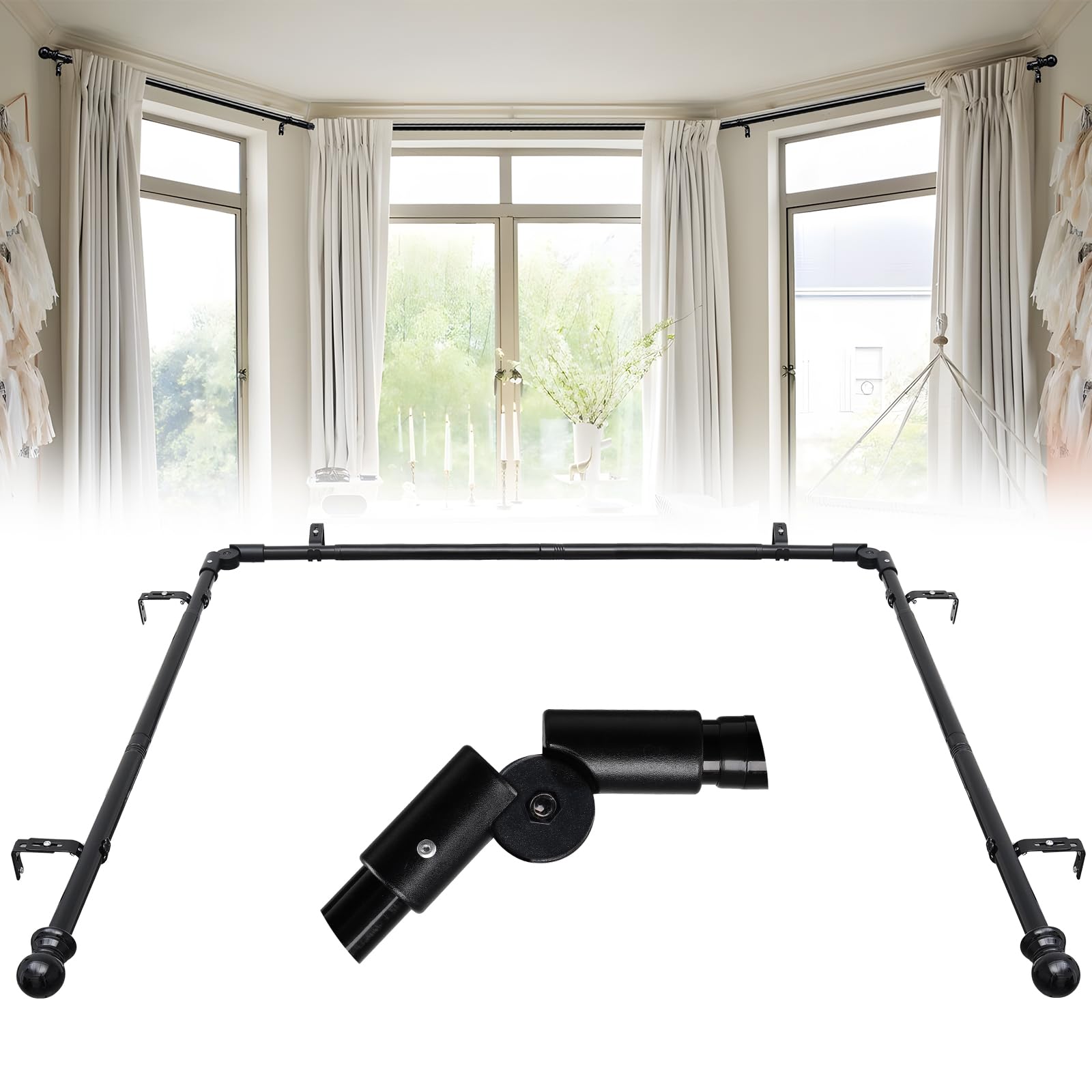Bay Window Curtain Rods 1 Inch Heavy Duty Metal Corner Curtain Rod for Windows 59-184” Adjustable U Shaped Curtain Rod with Decorative End Black