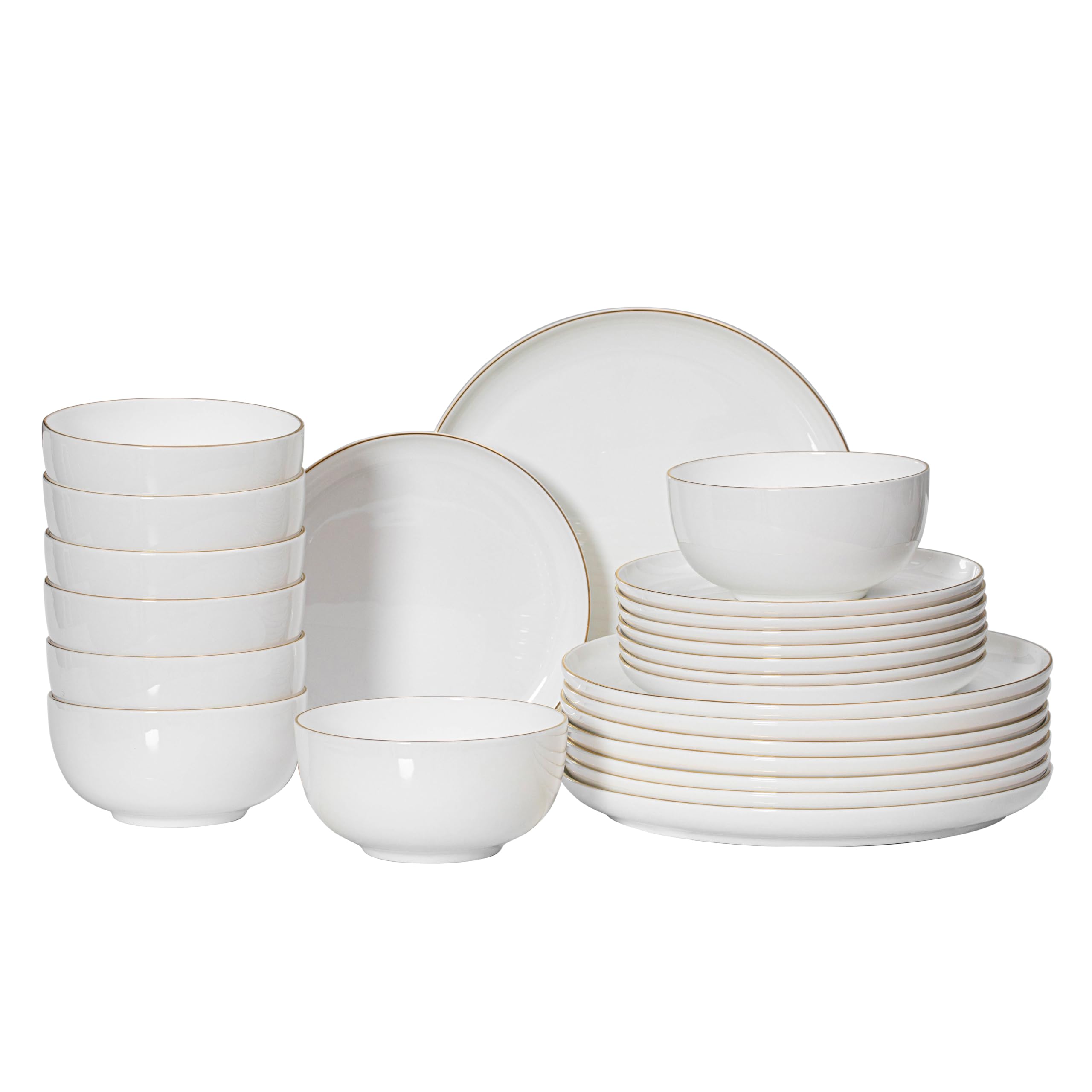 Perlaceo Luxurious Collection of 24-Piece White with Gold Rim Bone China Dinnerware Set – Lightweight and Durable – Service for 8, Including Dinner Plates, Salad Plates, and Cereal or Soup Bowls