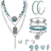CONGYING 16 Pcs Western Jewelry for Women Bohemian Set, Boho Pendant Long Choker, Faux Leather Layered Bracelet, Hoop Earrings Rings set