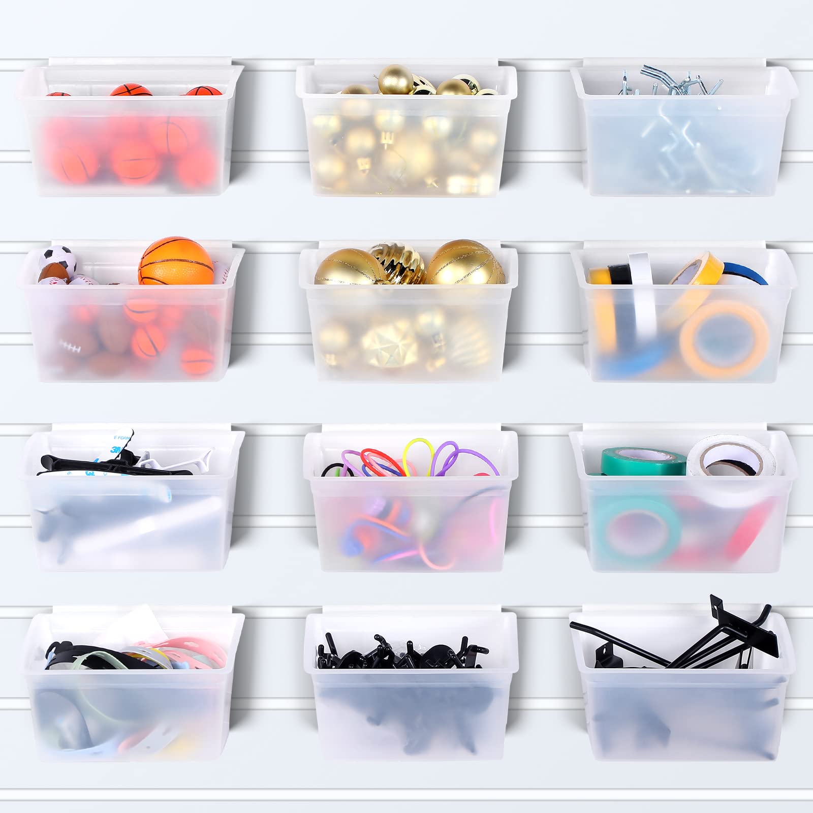 Photo 1 of Unittype 12 Pcs Storage Bin Plastic Slatwall Bins for Slatwall Organizer Slatwall Containers Garage Accessories(Transparent) *ONLY 10*
