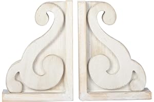 GENMOUS & CO. GENMOUS Rustic Distressed Vintage Scroll Corbel Bookends,Farmhouse Whitewashed Wood Decorative Bookends,Rustic Corbels Shelf Brackets,Shabby Chic Vintage Book Ends,Home Decoration and Gift,Set of 2.