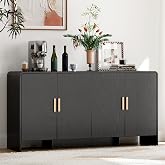 ONBRILL 60" Sideboard Buffet Cabinet with Adjustable Shelves Storage, Black | Curved Design Sideboard with 4 Doors &amp; 4-Tier Shelving Meets Various Needs,Mid Century Modern,for Living Room,Kitchen,Hallway