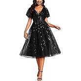 Ever-Pretty Women's V Neck A Line Embroidery Short Sleeves Midi Sequin Prom Dress Formal Cocktail Dresses 02230