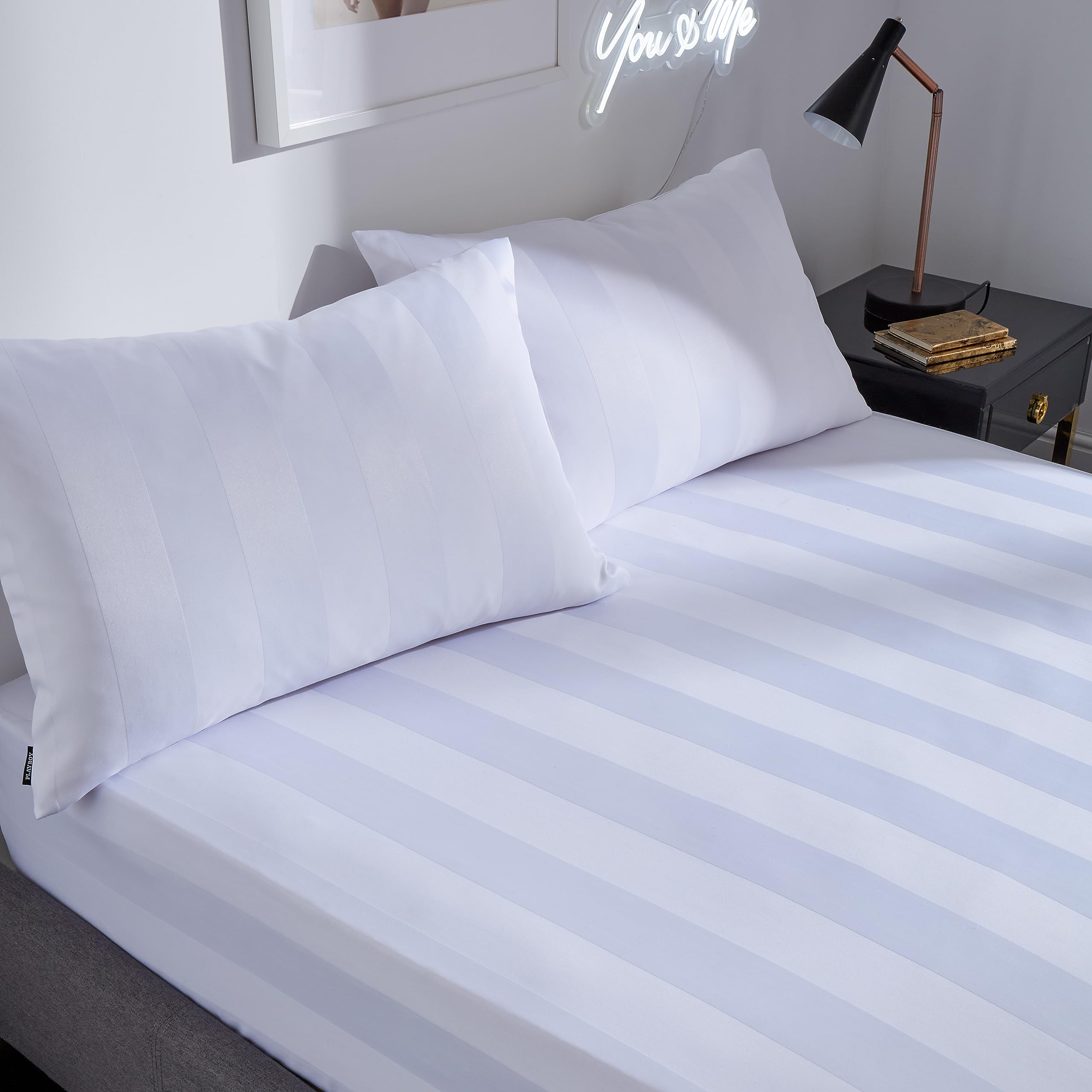 Playboy Soft Satin Stripe Single Fitted Sheet White