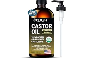 FIORA NATURALS Castor Oil Organic Cold Pressed Unrefined Glass Bottle | For Hair Growth, Skin, Caster Oil Pack Wraps, Eyelashes & Brows | USDA Certified, 100% Pure Organic Castor Oil | Hexane Free | 16oz with Pump