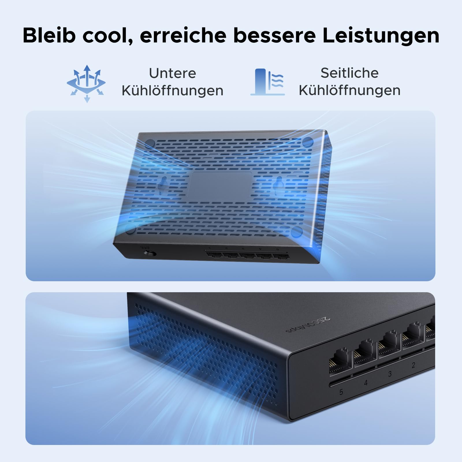 UGREEN 2.5G LAN Switch mit 5X 2.5G Ports,Unmanaged Netzwerk Switch für Computer,NAS,Server,WiFi 6 AP, Schnelle Datenübertragung,lüfterlos und leise,Desktop/Wandmontage 6