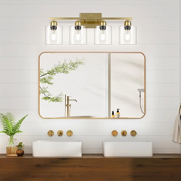 FAISHILAN MODERN BRUSHED GOLD 4 LIGHT BATHROOM LIGHT FIXTURES, 24 INCH VANITY LIGHTS FOR BATHROOM WITH CLEAR GLASS, BATHROOM VANITY LIGHT FOR MIRROR KITCHEN LIVING ROOM HALLWAY CABINET PORCH
