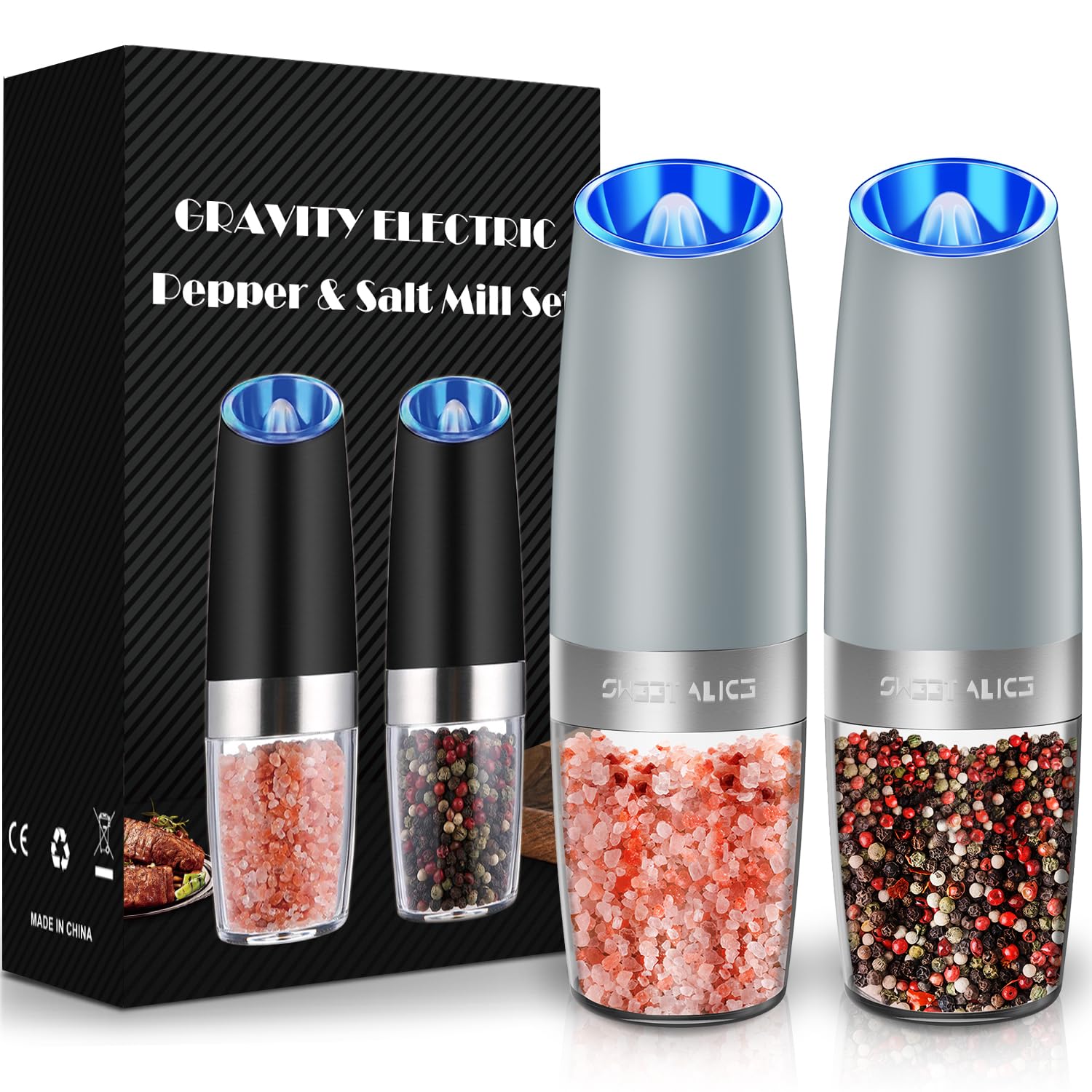 Photo 1 of Sweet Alice Gravity Electric Pepper and Salt Grinder Set, Adjustable Coarseness, Battery Powered with LED Light, One Hand Automatic Operation, Light Grey, 2 Pack