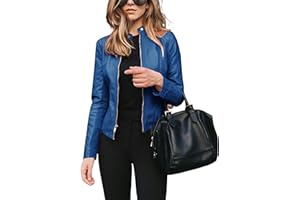 Moonetto Womens Faux Leather Short Jacket Zip Up PU Motorcycle Moto Biker Slim Fit Coat Outwear, Blue, Large
