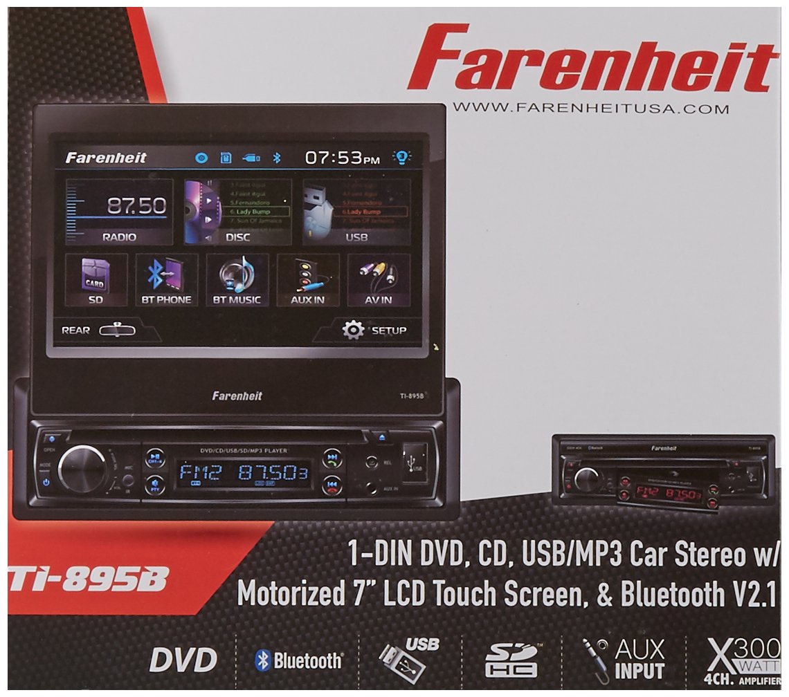 TI-895B - Farenheit in-Dash 1-DIN 7" Motorized Flip-Out LCD Touchscreen DVD/CD/USB Receiver with Bluetooth V3.0