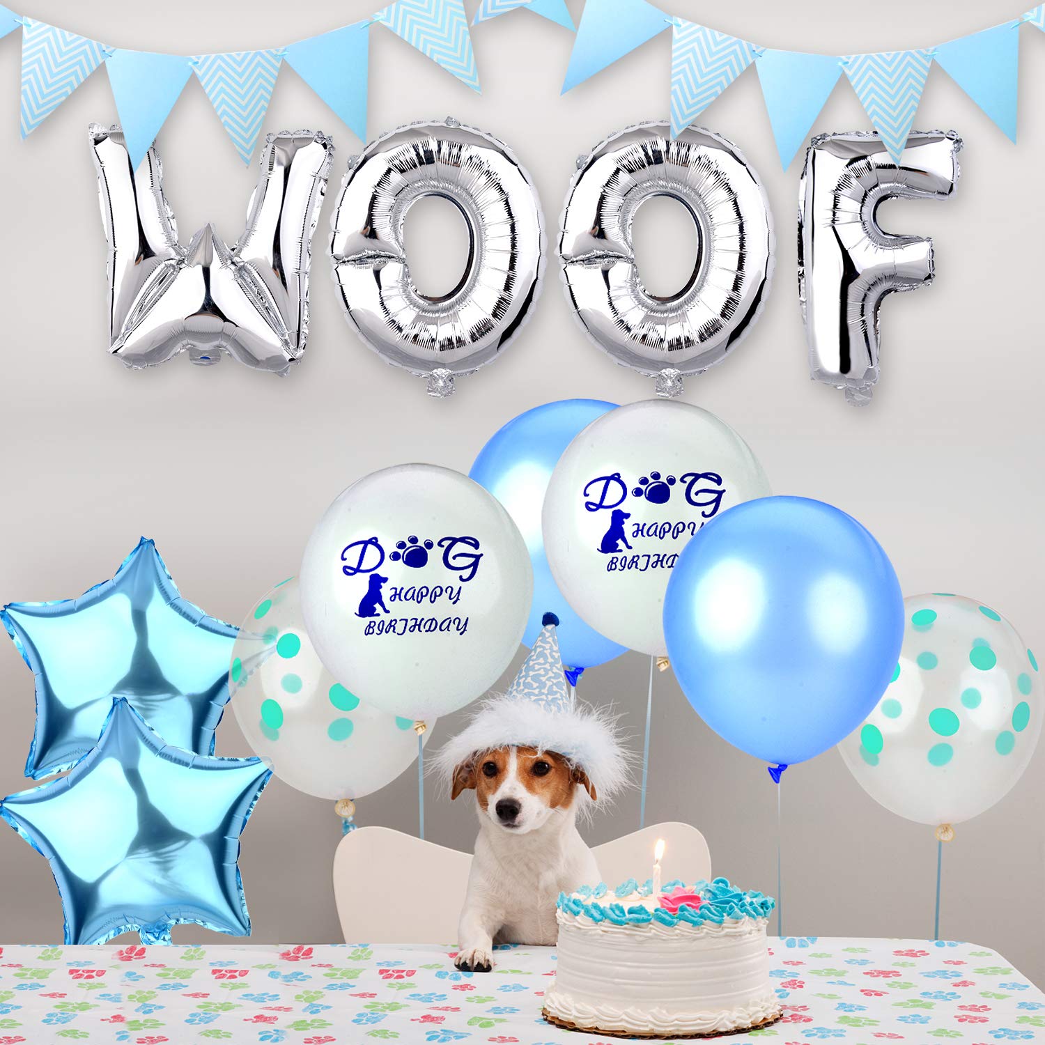 Legendog 24Pcs Dog Cat Birthday Party Supplies, Dog Boy Birthday Party Decorations, Dog Cat Birthday Party WOOF Letters Balloons, Happy Pet Birthday Party Kit (Blue)
