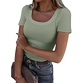 Roselux Women's Summer Scoop Neck Short Sleeve T-Shirts Ribbed Knit Slim Fitted Casual Basic Top
