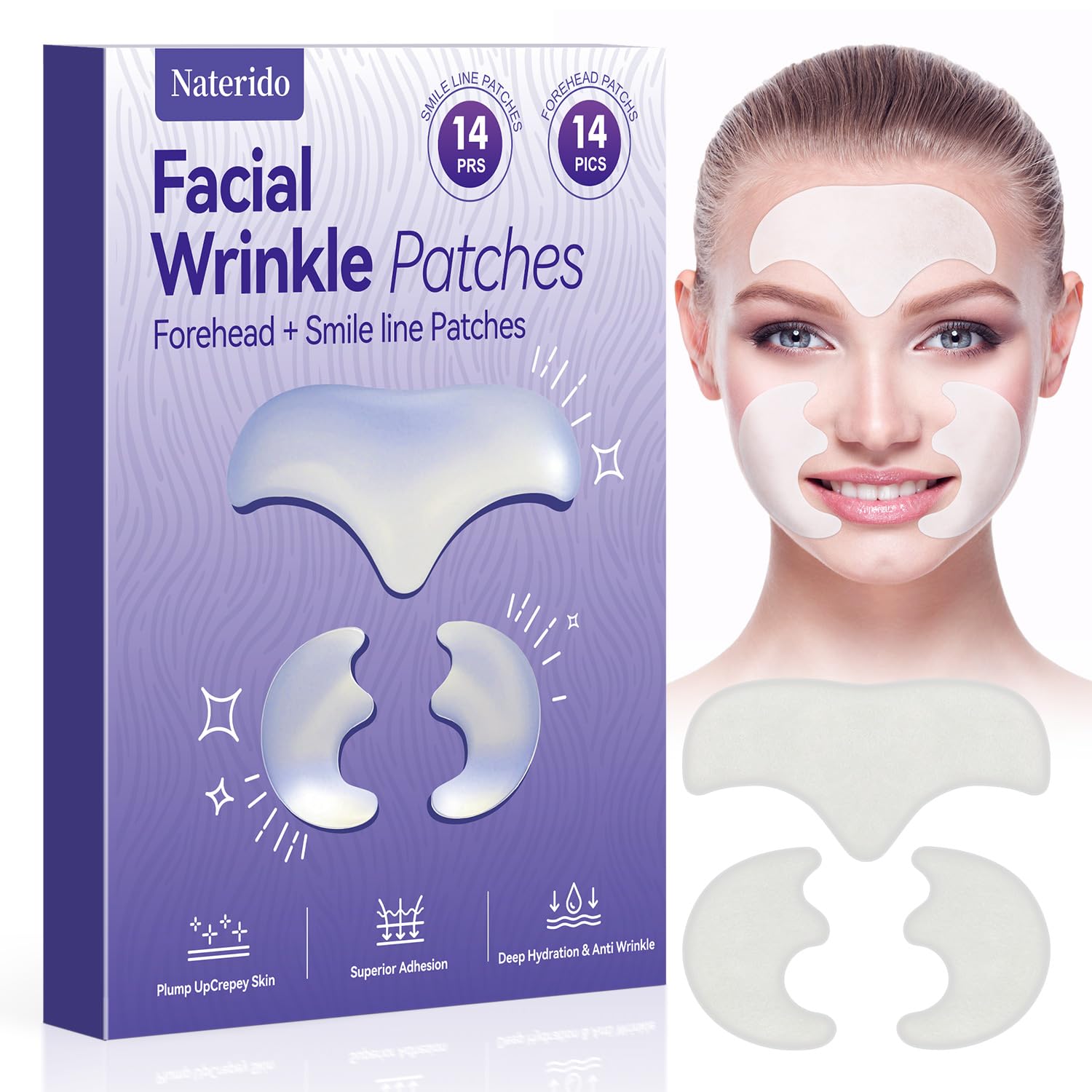 Photo 1 of Naterido Forehead Wrinkle &Smile Lines Patches, Anti-wrinkles, Anti-Slip Overnight Face Wrinkles Patch, Forehead Fine Lines for Women Facial Mask(14PRS+14PICS)