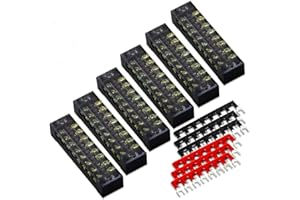 MILAPEAK Terminal Block and Strip - 12pcs (6 Sets) 8 Positions Dual Row 600V 15A Screw Terminal Strip Blocks with Cover + 400V 15A 8 Positions Pre-Insulated Terminals Barrier Strip (Black & Red)