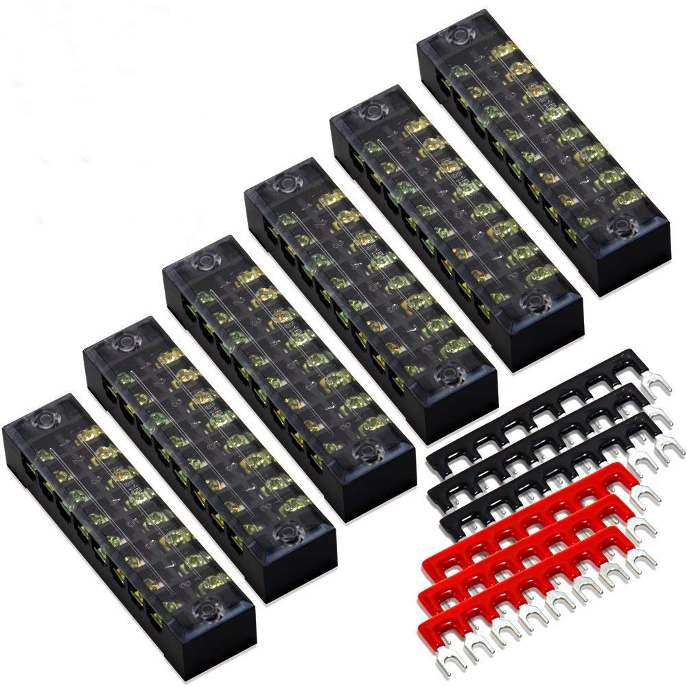 Photo 1 of MILAPEAK Terminal Block and Strip - 12pcs (6 Sets) 8 Positions Dual Row 600V 15A Screw Terminal Strip Blocks with Cover + 400V 15A 8 Positions Pre-Insulated Terminals Barrier Strip (Black & Red)