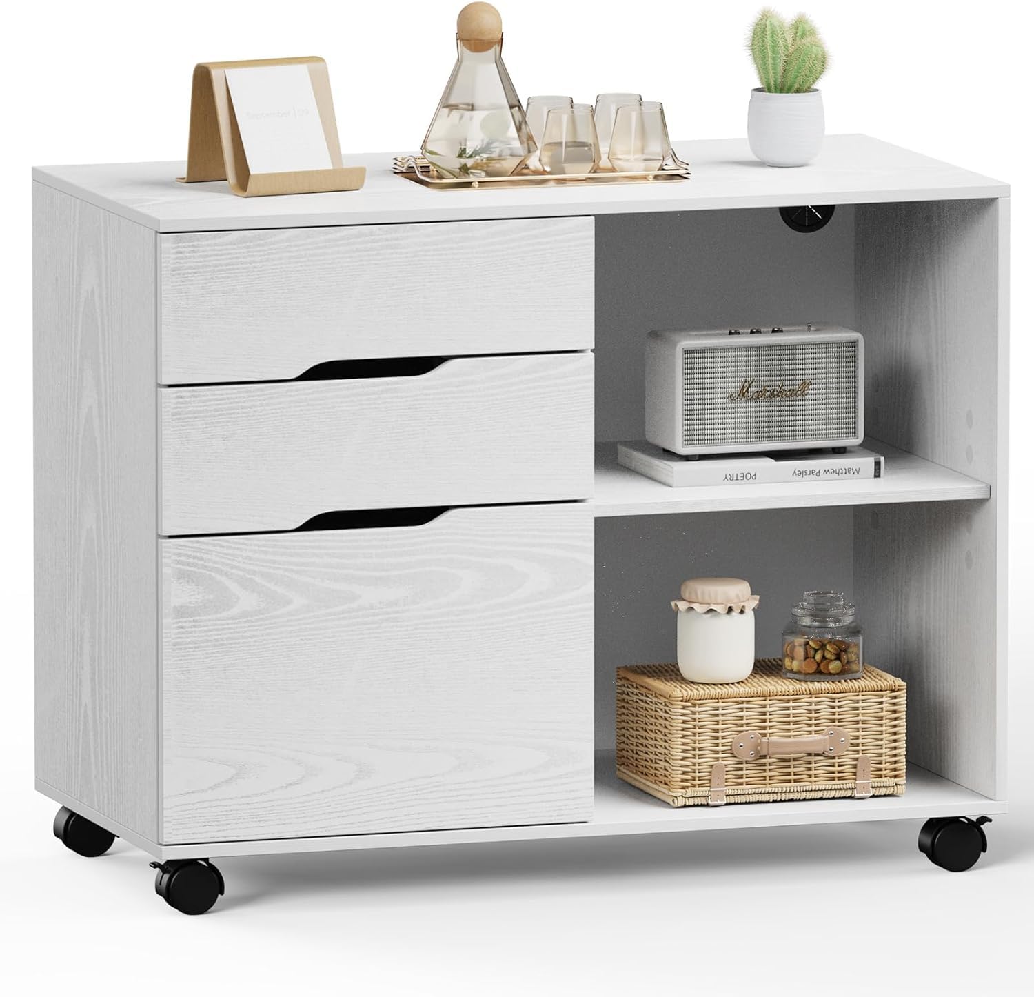 Photo 1 of DUMOS 3 Drawers Lateral File Cabinet, Rolling Wooden Printer Stand Under Desk Storage Organizer with 4 Wheels Adjustable Shelf for Office Home