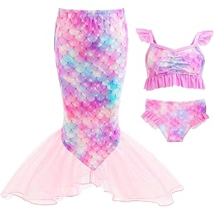 Superband Mermaid Girls Bathing Suit 3Pcs Princess Bikini Set with Cover Up Skirt for Kids Swimwear for 3-13 Years