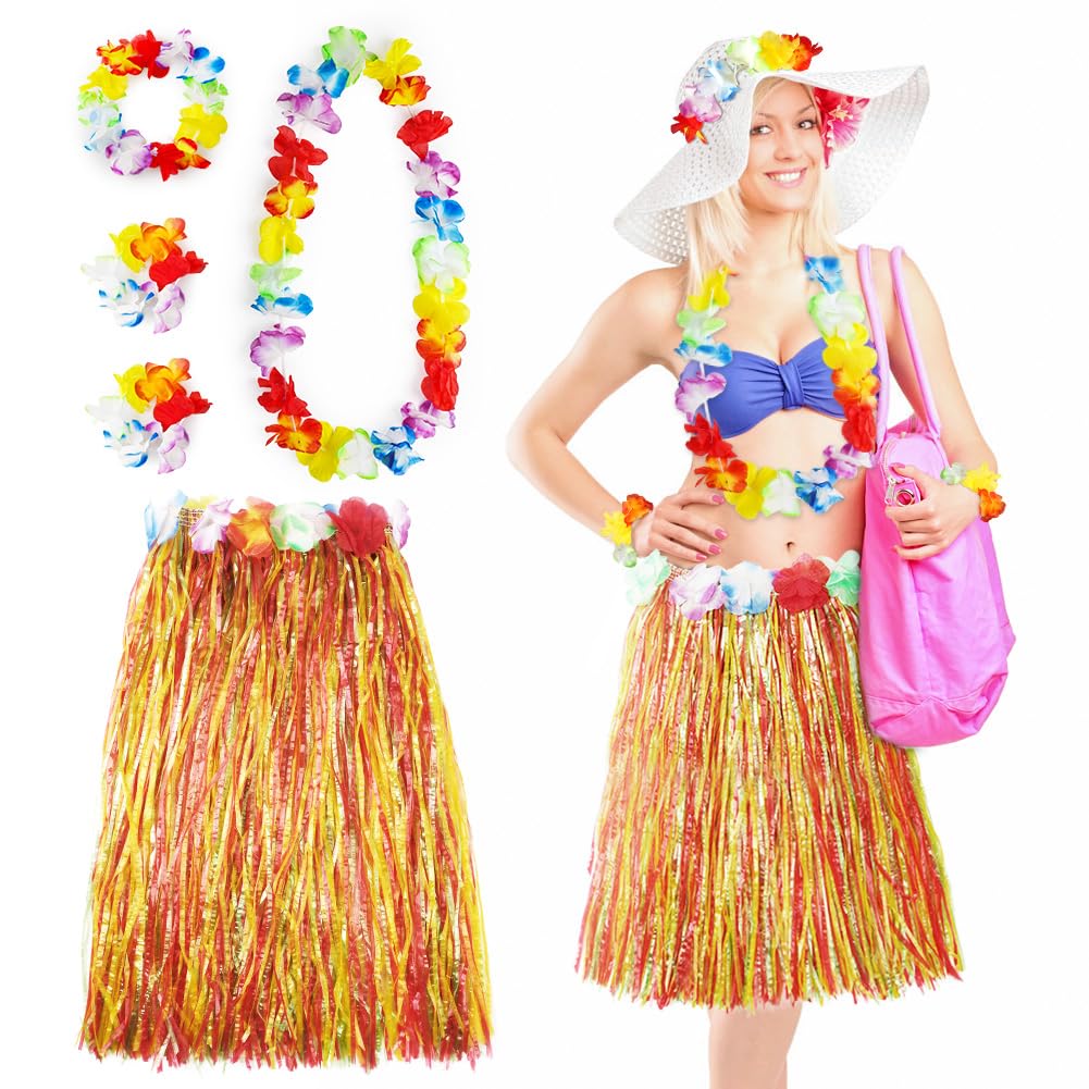 Aomig Hawaiian Grass Skirt, 5 Pcs Hawaiian Garlands, Tropical Fancy Colorful Dress Hawaiian Headband Necklace Wristband Flower, 60CM Hawaiian Leis Set for Kid, Adult, Women Summer Beach Tropical Party