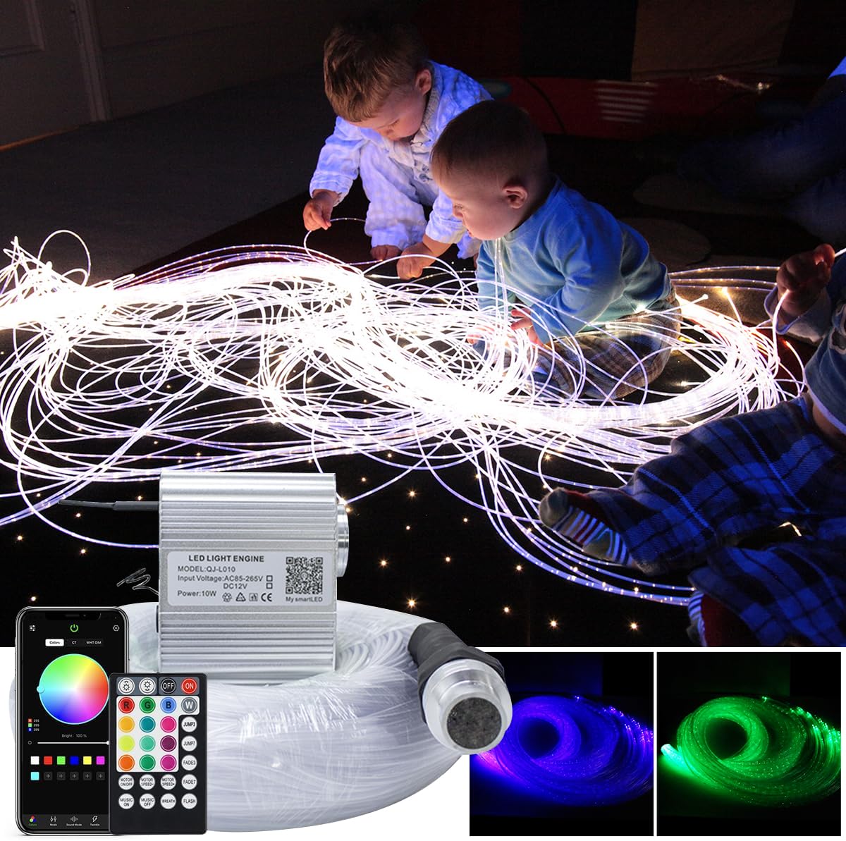 Callsky Sensory Lights 10W Fiber Optic Curtain Lights for Sensory Room/Autistic Kids,APP+Twinkle+Sound Activated Light Box,Tough and Durable (3 * 0.75) Sparkle Flash Point Cables, 100pcs*9.8ft+Remote