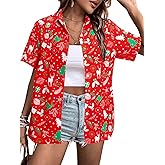 Christmas Shirt Women Hawaiian Button Down Shirts Vintage Christmas Graphic Short Sleeve Button Up Tops