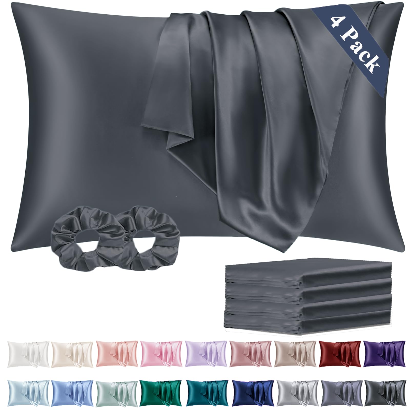 Vielit Satin Pillowcase for Hair and Skin Cooling,Soft as Silk Pillowcase for Hair and Skin,Easier Care than Silk Pillow Cases 4 Pack Darkgrey 50x75cm Gifts for Women Envelope & 2 Scrunchies