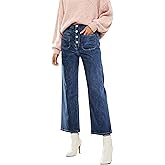 Omoone Wide Leg Jeans for Women High Waisted Stretchy Straight Leg Cropped Denim Pants Buttoned Baggy with Patch Pockets
