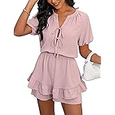 Angashion Womens Summer Shorts Romper: Self Tie V Neck Layer Ruffle Hem Romper Dress with Pockets