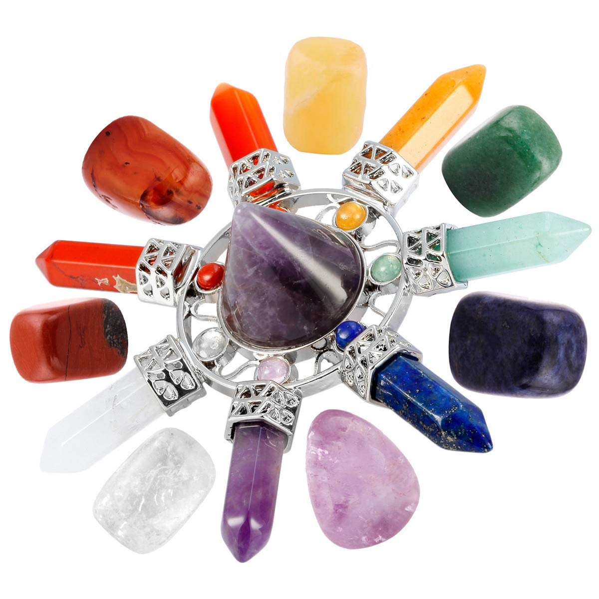 mookaitedecor Natural 7 Chakra Crystals Set Reiki Room Decor, Healing Crystal Chakra Gifts for Women Yoga Meditation Spiritual Gift Wiccan Witchcraft Gift Decor, Amethyst Pyramid & Tumbled Stones