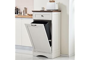 OUTGUAVA 13 Gallons Tilt Out Trash Cabinet Freestanding Kitchen Trash Bin Cabinet Wood Garbage Recycling Cabinet with Hideaway Drawer Pet Proof Trash Can Holder for Kitchen Living Room, Antique White