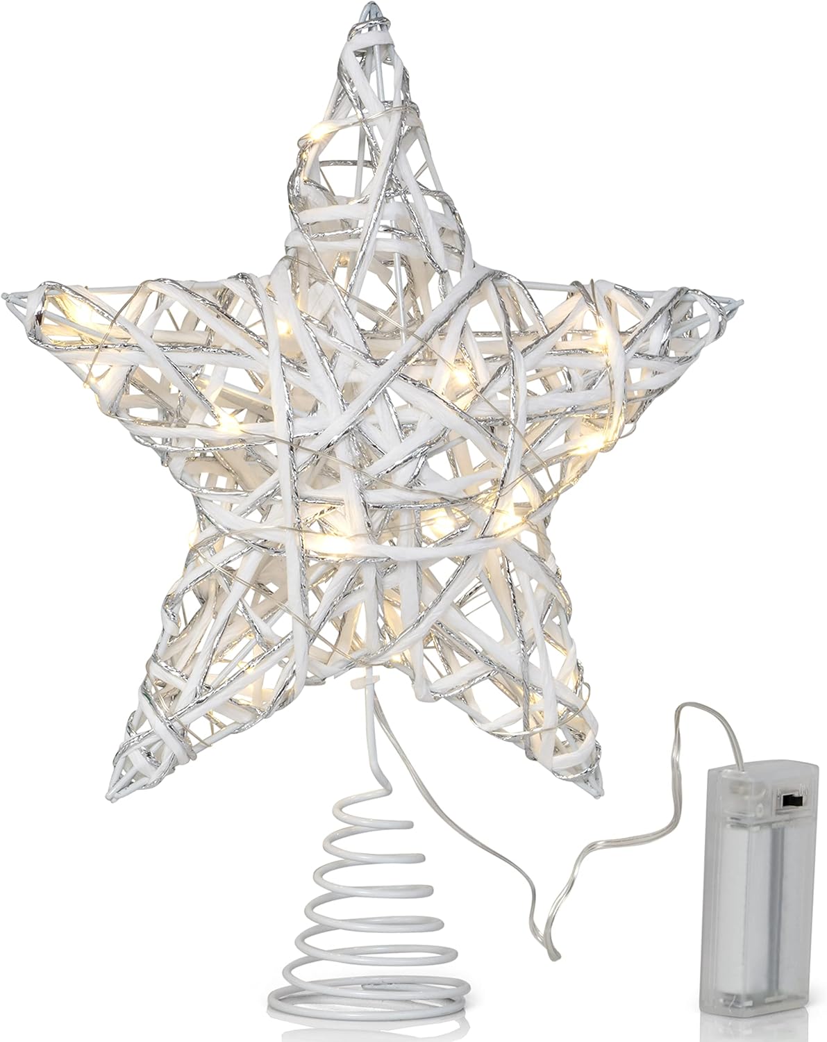 Tree Toppers - Ornativity Christmas Rattan Tree Topper – White and Silver Xmas Rustic Star LED Light Up Tree Topper Ornament Decoration