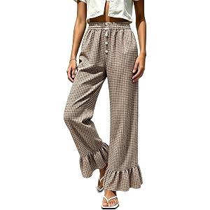 Mxiqqpltky Plaid Lounge Pants Women Wide Leg Ruffle Gingham Palazzo Pants | Y2K, Plaid Gingham Print, Elastic Waist, Button F