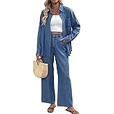 heipeiwa Women's 2 Piece Sets Denim Outfits Lightweight Long Sleeve Button Down Shirts Wide Jean Pant Sets Tracksuit