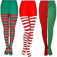 3 Pairs Christmas Striped Tights Adult Red Green and White Stripy Stockings Pantyhose Full Length Socks Fancy Dress Costumes