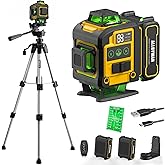 Alloyman Laser Level with Tripod, Laser Level 4&times; 360&deg; Self Leveling | Green Line Lazer Leveler Tool with with 2Pcs Lithium Batteries, Ideal for Picture Hanging, Tile, Home Renovation, Indoor