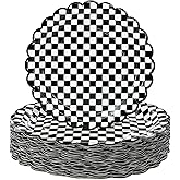 HEIPINIUYE 50 Pieces Checkered Scalloped Paper Plates 7 Inch Checkered Flag Plates Disposable Dinner Plate for Race Car Birthday Wedding Baby Shower Party Gingham Dessert Plate