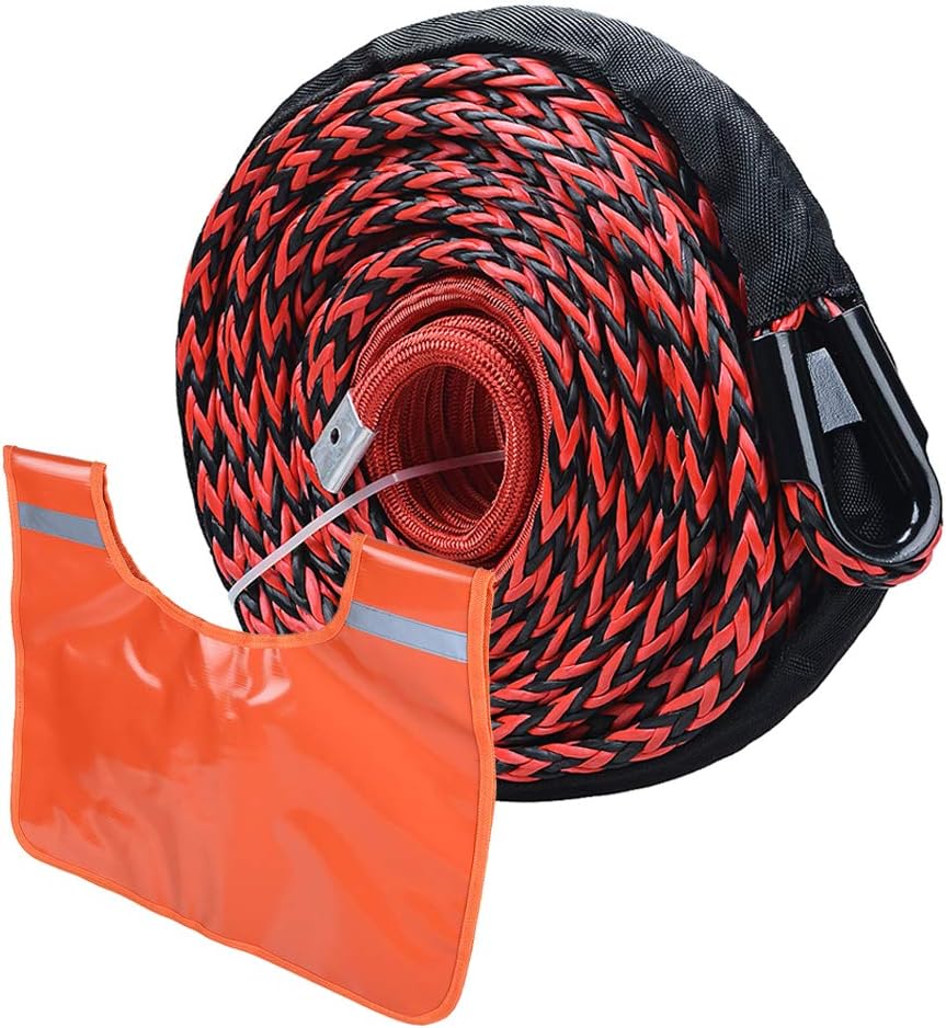 92 feet 1/2 Inch 22,000lbs Black Red Mix Synthetic Winch Rope Line Cable and Orange Winch Rope Damper Dampener Storage Pocket
