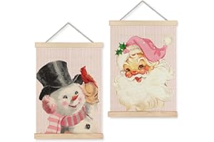 LUVADIAN Pink Christmas Wall Decor, Vintage Christmas Snowman Santa Wall Art With Wooden Poster Hanger, Christmas Wall Decorations, Retro Pink Striped Christmas Wall Decor for Home Office, 12x16 Inch Set of 2